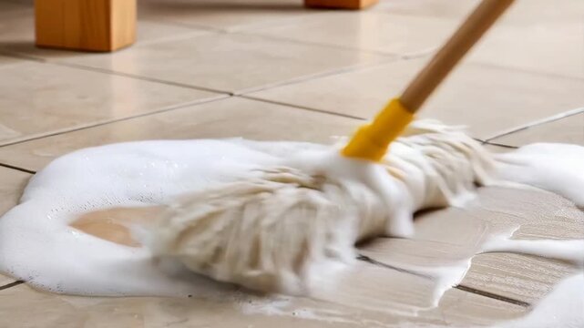 A close-up shot shows a classic string mop vigorously cleaning light-colored tiled flooring with abundant white soapy suds.