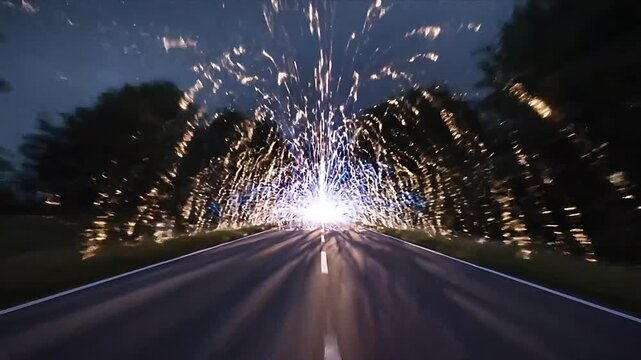 Night road leading into a brilliant light tunnel created by sparkling particles Dynamic abstract energy flow illuminates the path ahead conveying a futuristic j