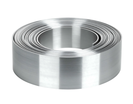 Coiled metal strip, round, silver, shiny. Material organized in circles, reflecting light. Gray background