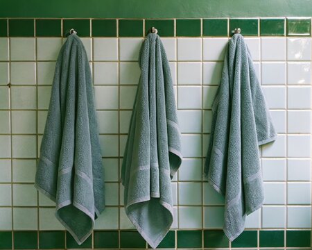 Three towels are hanging on a wall, one of which is green
