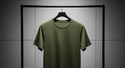 An olive green tshirt hangs on a black hanger against a gray tiled wall, creating a modern and minimalist apparel display