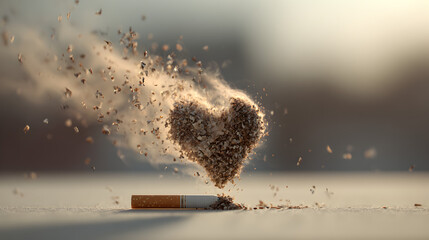 Creative anti smoking concept showing cigarette ash forming a heart shape in air symbolizing love, health, and freedom for The Great American Smokeout campaign
