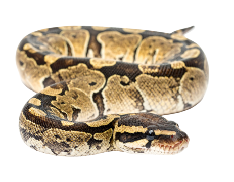 Coiled snake with brown & beige patterned scales, head turned slightly forward, against a black background