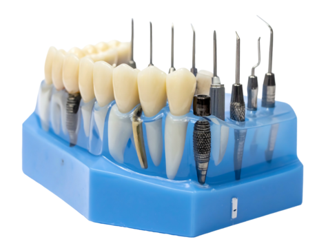 Artificial teeth anchored with dental tools on a blue base, set against a clean white backdrop