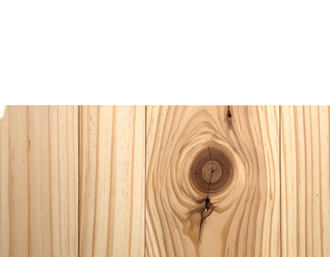 Close-up of aligned light-toned wooden planks, one with a prominent knot, contrasting against a dark top section