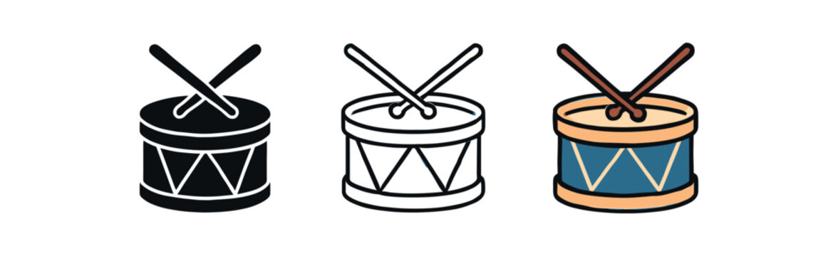 drum marching snare icon on white background Black silhouette flat icon outline icon and colored icon style. three minimal vector icon style