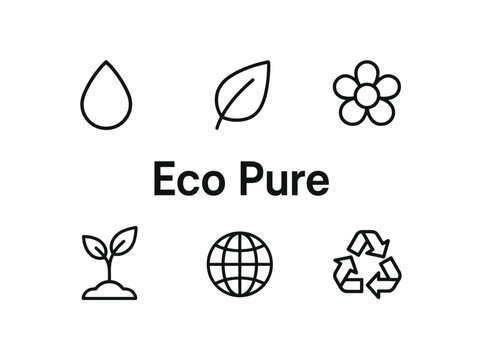 outline vector icon 6 isolated on white background minimal black monochrome style flat vector icon illustration central bold title text Eco Pure surrounding icons: droplet leaf flower plant