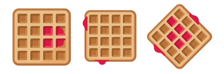 Breakfast waffle set, square grid cakes, berry jam topping, syrup glaze accents, dessert menu graphic, sweet bakery vector