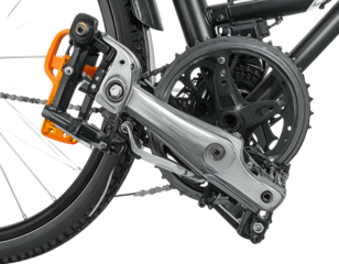 Close-up of bicycle's crankset, chain, and pedal. Silver metal gleams against the tire and frame's dark hue