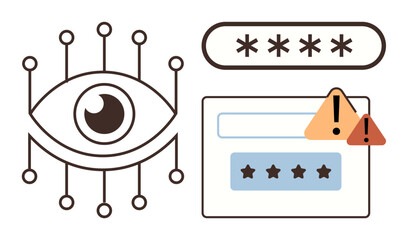 Eye connected with network nodes, password input field, warning icons highlight data protection, privacy, and hacking concerns. Ideal for cybersecurity, authentication, phishing, data theft alert