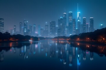 Obraz premium A futuristic city reflected perfectly on a still lake at night.
