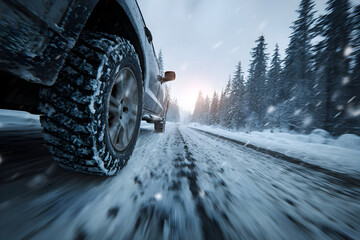 Dynamic winter road adventure captured from a low angle with snowy forest backdrop