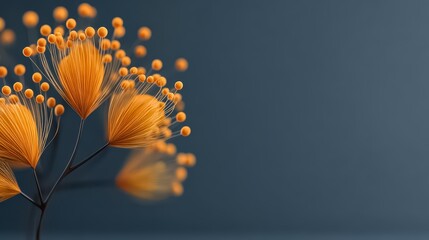 Close up of a flower with orange petals and yellow dots. The flower is surrounded by a blue background
