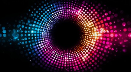 Colorful circle with many dots in it. The circle is black and the dots are in various colors