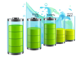 Ascending battery chart showing increasing power, represented with green filling and blue flow
