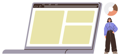 Laptop screen featuring adaptable website design blocks, businesswoman in casual attire, and pie chart. Ideal for UIUX design, web development, teamwork, e-learning, creativity, analytics innovation