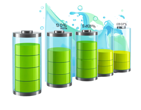 Ascending battery chart showing increasing power, represented with green filling and blue flow