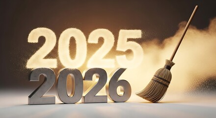 Saying goodbye to 2025 and welcoming 2026 with a clean sweep, symbolizing a fresh start and new beginnings for the upcoming year ahead