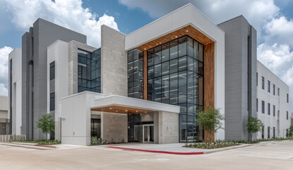 Large building with a white facade and a brown roof. The building has a large glass window and a wooden balcony