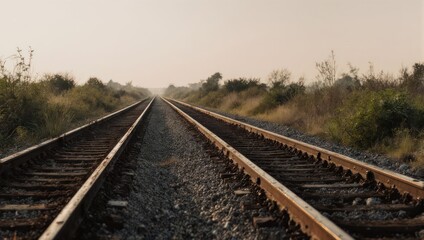 Fototapeta premium Railroad tracks stretching into the distance under a hazy sky.