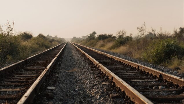 Railroad tracks stretching into the distance under a hazy sky.