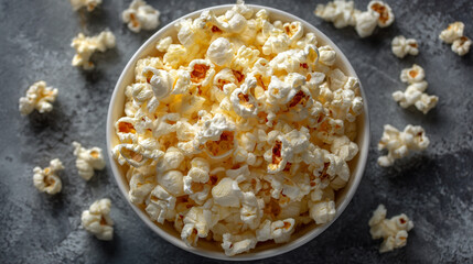 Overhead shot of a bowl of popcorn with scattered kernels around it.