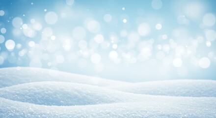 Gentle snowfall with soft bokeh lights creating a magical winter wonderland atmosphere with rolling snowdrifts
