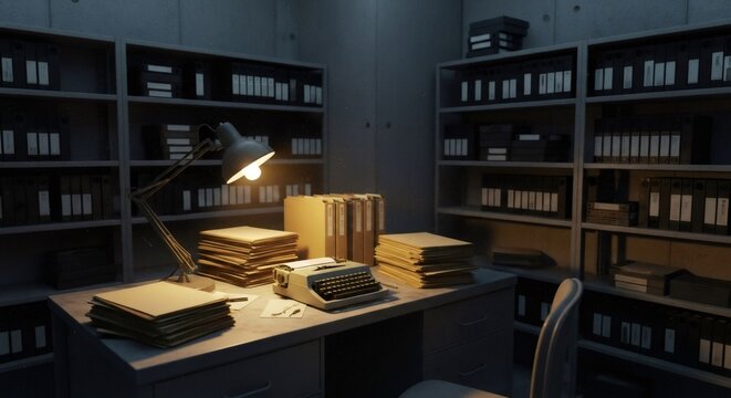 Dusty office desk with a typewriter, lamp, and stacks of files for conspiracy theory investigations or mystery solving.