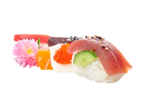 Close-up of colorful sushi arrangement with pink flower on a black background - Powered by Adobe