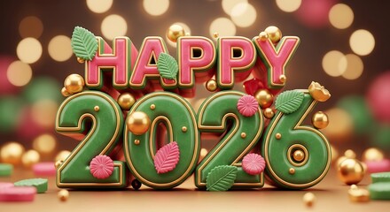 Happy 2026 festive celebration with sparkling lights and gold accents