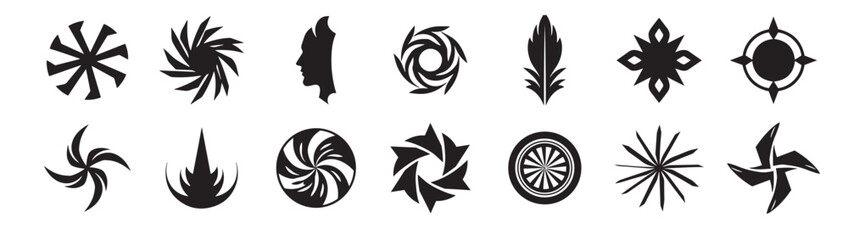 Business symbol abstract geomatic shape decorative botanical flower outline spiral swirl energy motion texture set vintage circle leaf fire water bird wing retro, vector illustration.