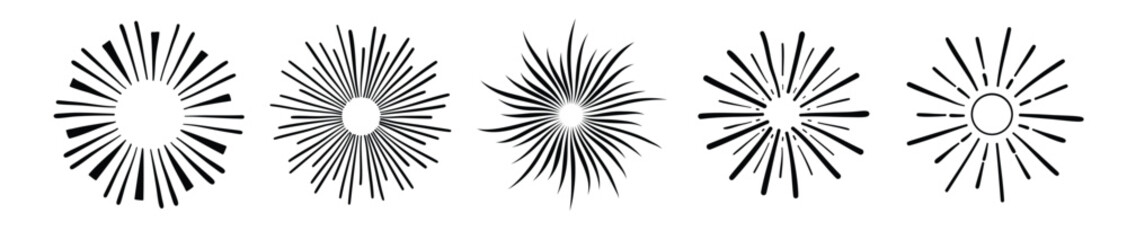 Engraving hand drawn Sunburst collection. Retro Distressed Starburst Icons Vector Pack, vector illustration.