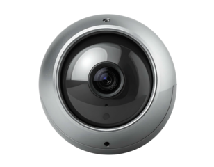 Circular security camera with a wide angle lens, mounted in a silver-colored casing, front facing, centered shot