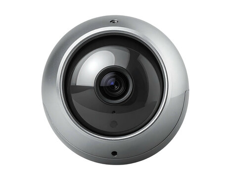 Circular security camera with a wide angle lens, mounted in a silver-colored casing, front facing, centered shot