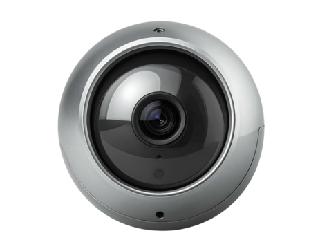 Circular security camera with a wide angle lens, mounted in a silver-colored casing, front facing, centered shot