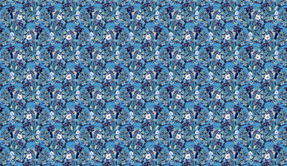 Blue and white textured abstract pattern with repeating floral elements
