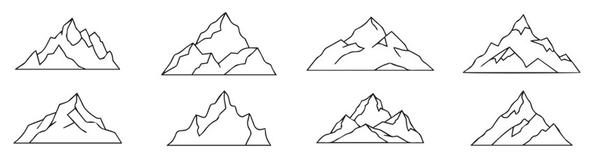 Sketch of a majestic mountain peak with rocky slopes line art. Minimalist line art illustration of a mountain range with multiple peaks and natural contours. vector illustration.