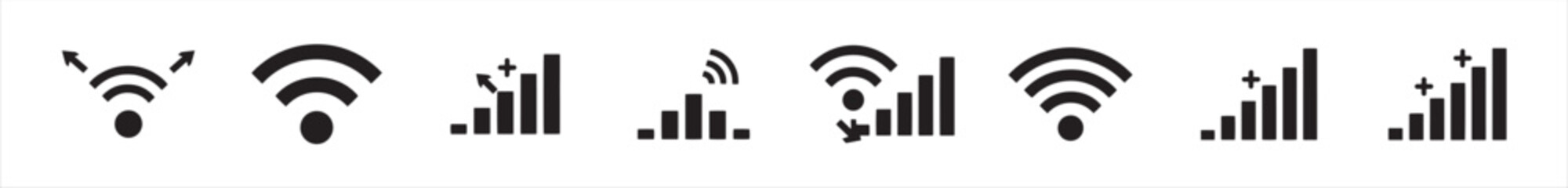 Set of wireless network and signal icons in black and white for technology, communication, and connectivity design. Wi-Fi signal icon with curved lines in minimalist design, vector illustration.