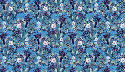 Abstract blue and white floral pattern with hints of purple