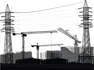 three black large cranes build house