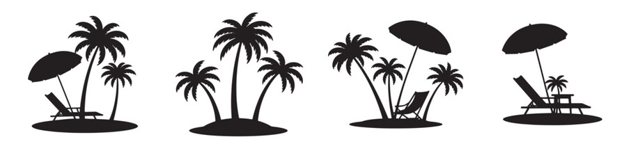Beach and Sailing Scene Silhouettes. A tropical beach and surf themed vector set with palm trees, waves, surfboards, flamingos, and ocean elements in a bold black style, vector illustration.