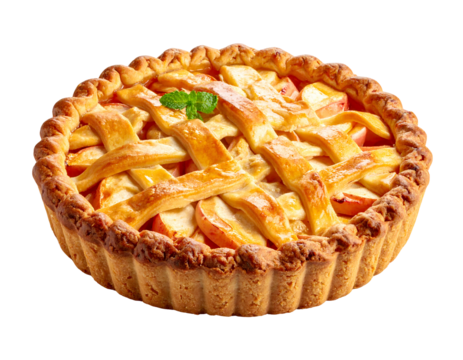 Crusty apple pie with lattice top, garnished with mint, against a black background