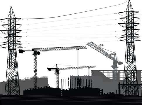 three black large cranes build house