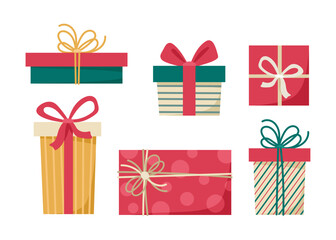 Set of colorful gift boxes with ribbons and bows in red, green, and yellow tones. Perfect for Christmas, New Year, birthdays, celebrations, party invitations, and festive designs.