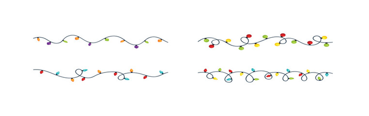 CHRISTMAS LIGHT. Christmas lights. Colorful garland. Set of Christmas light strings. Christmas light bulbs for decoration .Christmas garland seamless border, vector illustration.
