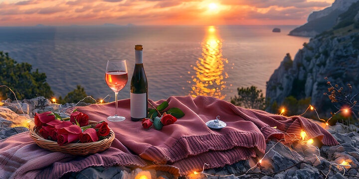 Romantic sunset picnic with wine and roses by the sea - Powered by Adobe
