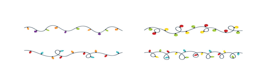 CHRISTMAS LIGHT. Christmas lights. Colorful garland. Set of Christmas light strings. Christmas light bulbs for decoration .Christmas garland seamless border, vector illustration.