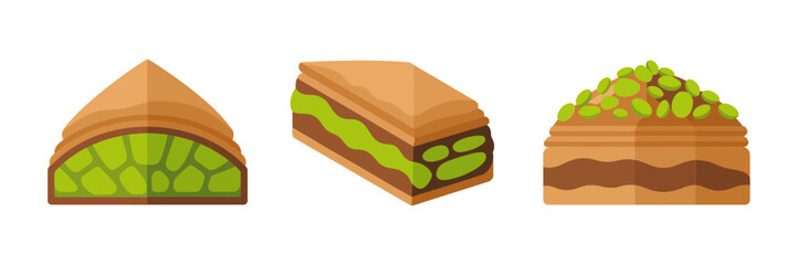 Assorted layered pastries, triangular slice, pistachio filling, sweet dessert assortment, bakery sweets collection, vector illustration, gourmet clipart