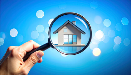 Magnifying glass over a house, symbolizing real estate inspection, property search, and home evaluation, highlighting details for buyers and sellers in the housing market