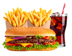 Close-up of juicy burger, fries in paper containers, and a fizzy drink on a black background